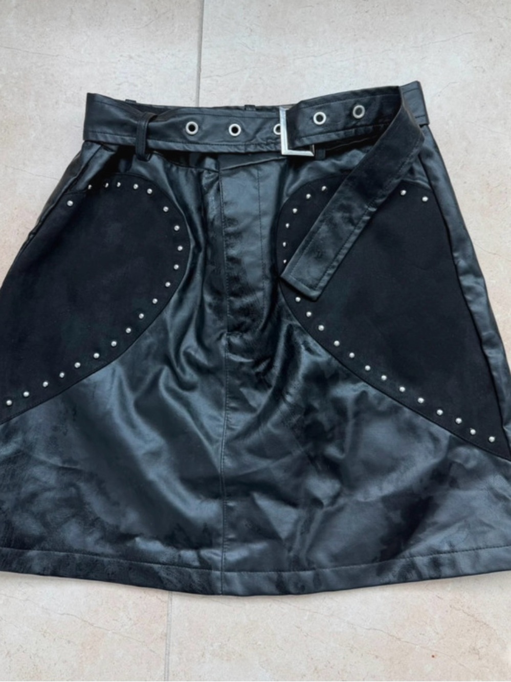 Black Studded Faux Leather A-Line Skirt